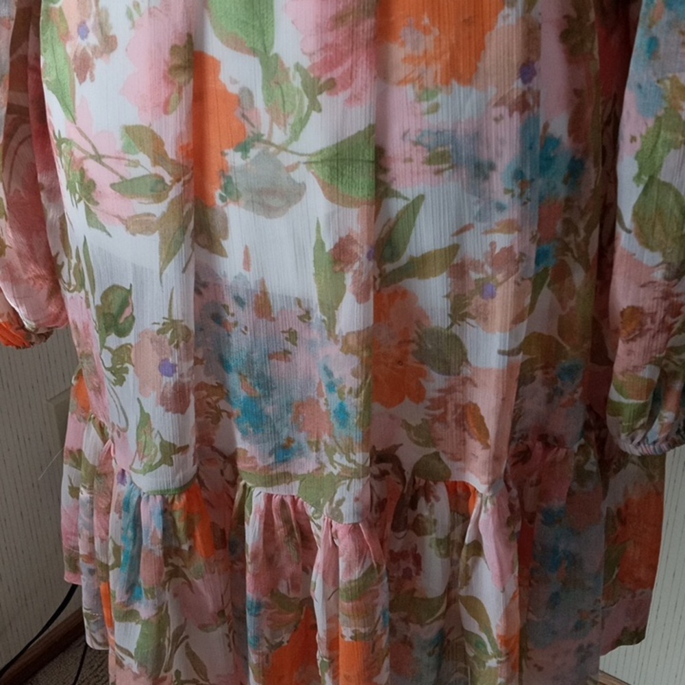 Taylor Pink and Orange Floral Long-Sleeve Button Dress with Tie Waist, Cottage C - Picture 8 of 10